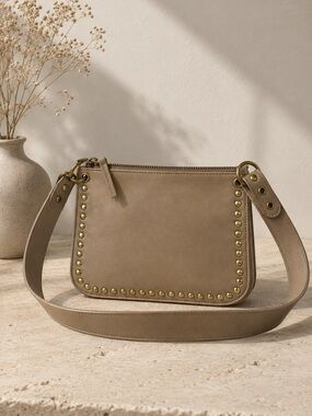 Anthropologie Studded Taupe Faux Leather Crossbody Bag Zip Top Neutral